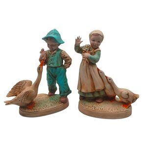 Vintage 1950 Holland Mold Dutch Boy & Girl With Geese Ceramic Figurines Set Of 2